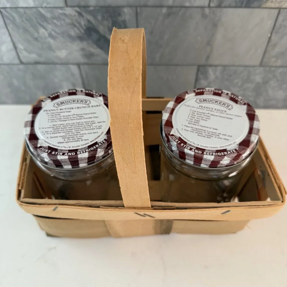 Vintage Farmhouse Split Slat Wood Woven Basket w Handle & 2 Smuckers 16 oz Jars